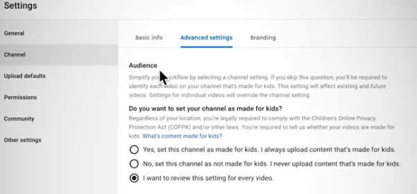 Youtube Child Audience Settings